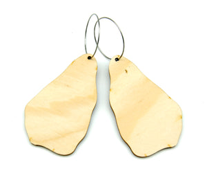 Back of wooden earrings named ‘Rock Flame shaped as a natural rock. Made from sustainable wood with stainless steel hoops. Made in Australia.