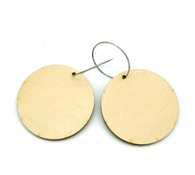 Back of wooden earrings named ‘Round 45 Flight’ with a round shape. Made from sustainable wood with stainless steel hoops. Made in Australia.