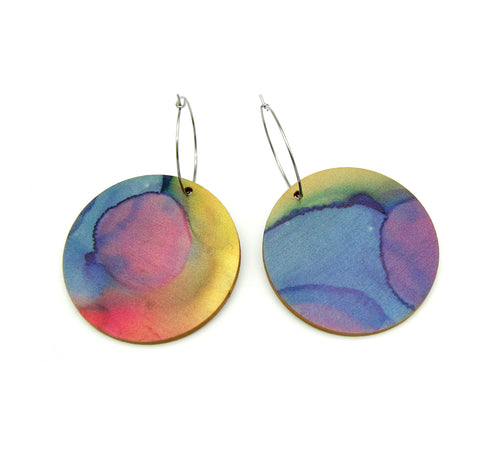 Shop women's wooden earrings named ‘Round 45 Sky’ with a round shape. Made from sustainable wood with stainless steel hoops. Made in Australia.