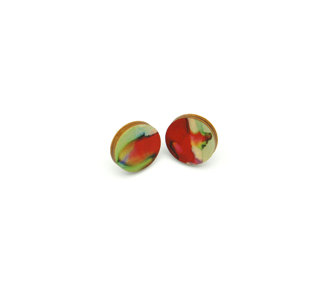 Shop women's wooden earrings named ‘Stud Delight’ with a round shape. Made from sustainable wood with stainless steel backs. Made in Australia.