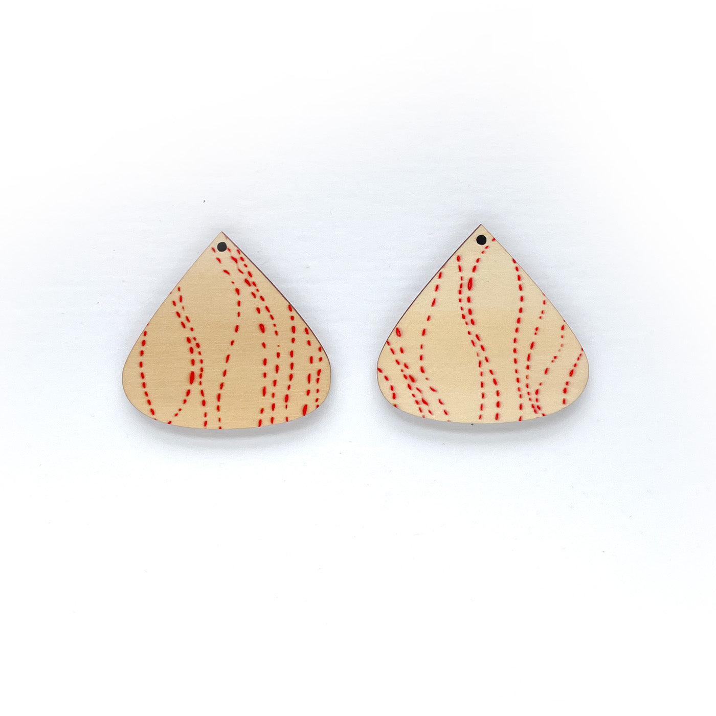 wooden drop earrings with dotted patter double sided sustainabl hoop pine australia