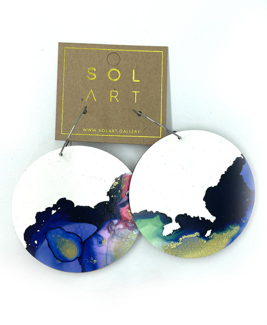 Shop women's wooden earrings named 'White Beauty Statement shaped as a disc. Painted with inks on Yupo paper with stainless steel hoops. Made in Australia.