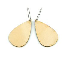Shop women's wooden earrings shaped as a rain drop. Made from sustainable wood with stainless steel hoops. Made in Australia.