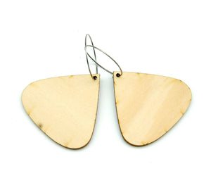 Back of wooden earrings named 'drop dive' shaped as a natural drop. Made from sustainable wood with stainless steel hoops. Made in Australia.