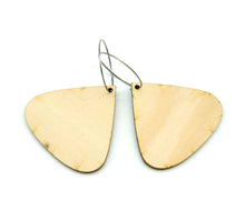 Back of wooden earrings named ‘droplet glow’ shaped as a natural drop. Made from sustainable wood with stainless steel hoops. Made in Australia.