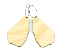 Back of wooden earrings named ‘Rock Flame shaped as a natural rock. Made from sustainable wood with stainless steel hoops. Made in Australia.