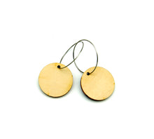 Back of wooden earrings named ‘Round 25 Spring’ with a round shape. Made from sustainable wood with stainless steel hoops. Made in Australia..