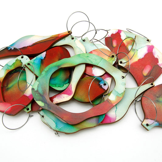 Shop women's art wooden earring collection. Made from sustainable wood with stainless steel hoops. Made in Australia.