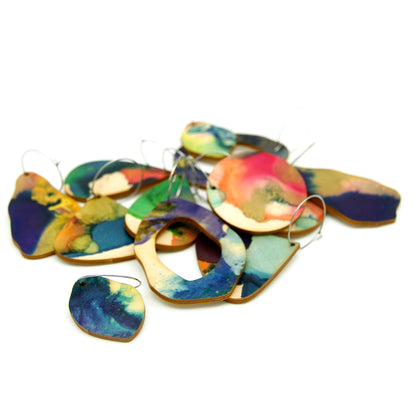 Shop women's art wooden earring collection. Made from sustainable wood with stainless steel hoops. Made in Australia.