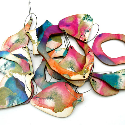 Shop women's art wooden earring collection. Made from sustainable wood with stainless steel hoops. Made in Australia.