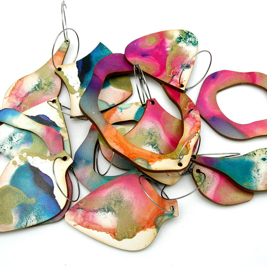 Shop women's art wooden earring collection. Made from sustainable wood with stainless steel hoops. Made in Australia.