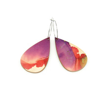 Shop women's wooden earrings named 'drop love' shaped as a rain drop. Made from sustainable wood with stainless steel hoops. Made in Australia.