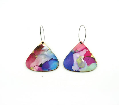 Shop women's wooden earrings named ’Droplet Heart’ shaped as a natural shield. Made from sustainable wood with stainless steel hoops. Made in Australia.