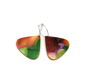 Shop women's wooden earrings named ‘droplet immersion’ shaped as a natural drop. Made from sustainable wood with stainless steel hoops. Made in Australia.