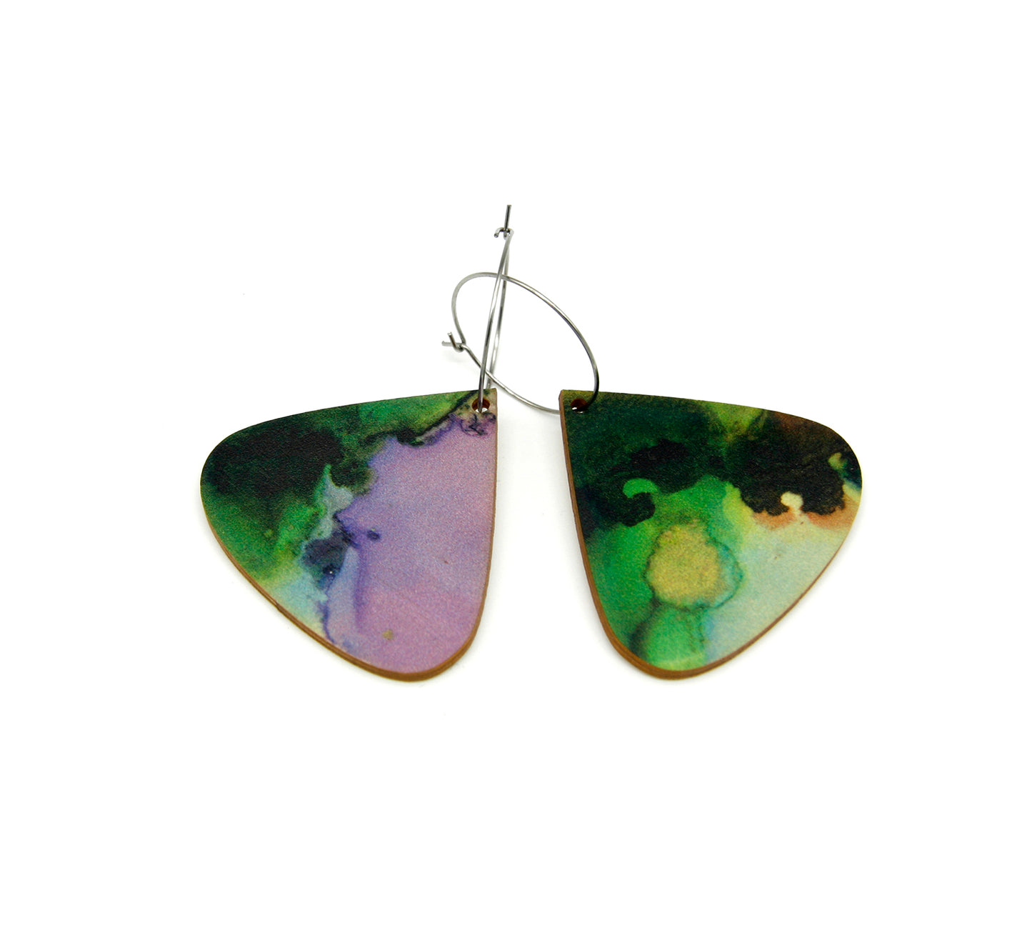 Shop women's wooden earrings named ‘droplet lush’ shaped as a natural drop. Made from sustainable wood with stainless steel hoops. Made in Australia.