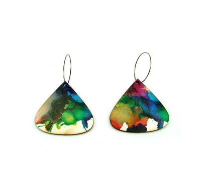 Shop women's wooden earrings named ’Droplet Play’ shaped as a natural shield. Made from sustainable wood with stainless steel hoops. Made in Australia.
