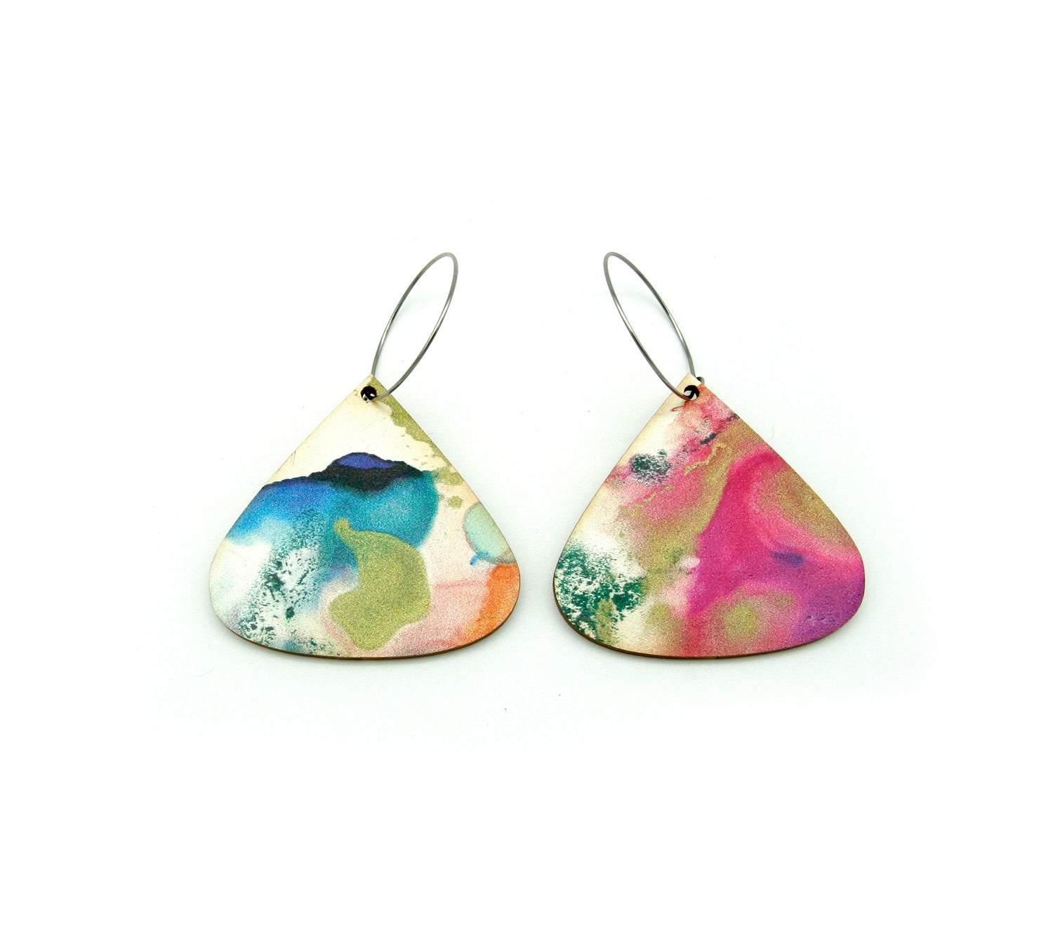 Shop women's wooden earrings named ’Droplet Spring’ shaped as a natural shield. Made from sustainable wood with stainless steel hoops. Made in Australia.