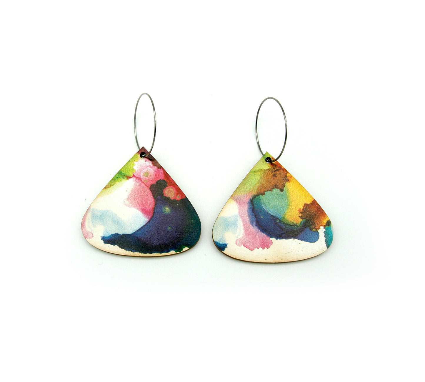 Shop women's wooden earrings named ’Droplet Wave’ shaped as a natural shield. Made from sustainable wood with stainless steel hoops. Made in Australia.