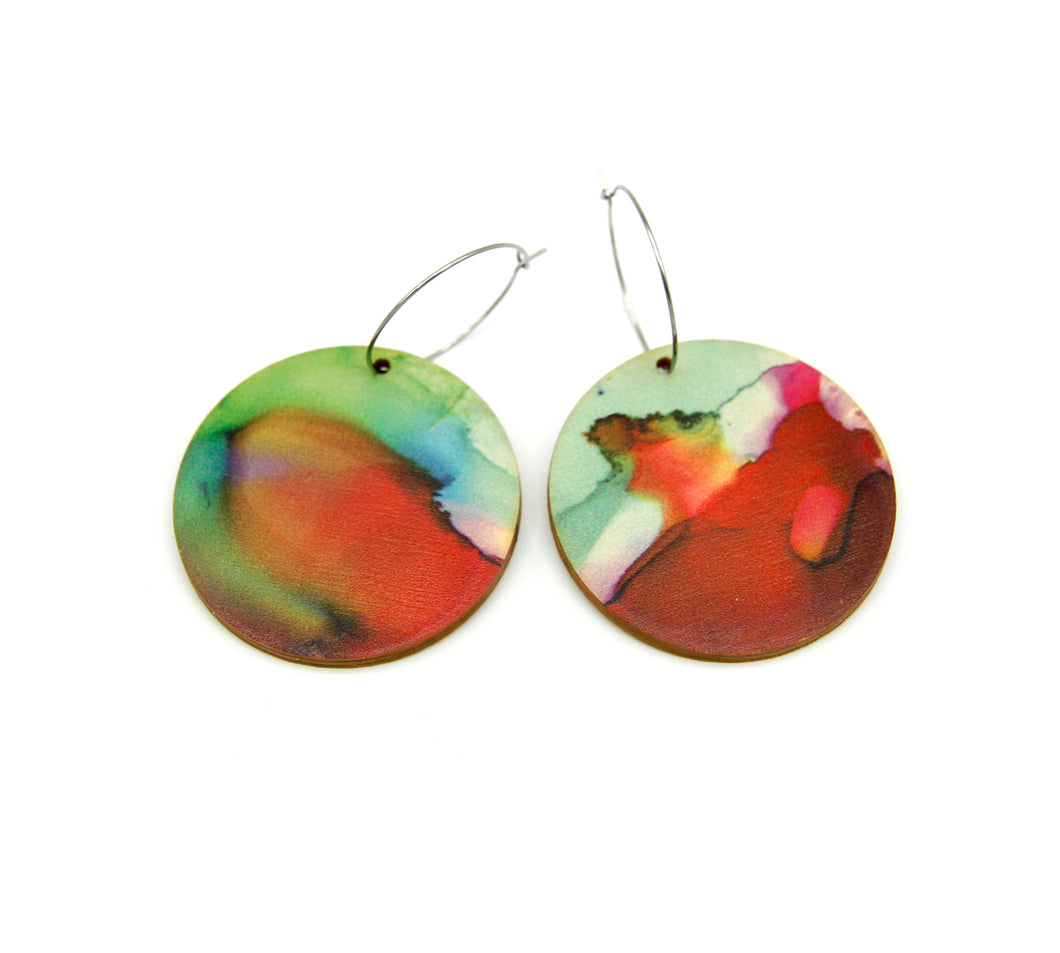 Shop women's wooden earrings named ‘Round 45 Delight’ with a round shape. Made from sustainable wood with stainless steel hoops. Made in Australia..