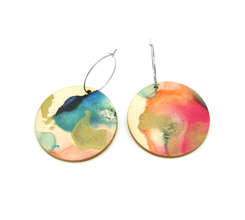 Shop women's wooden earrings named ‘Round 45 Summer’ with a round shape. Made from sustainable wood with stainless steel hoops. Made in Australia.