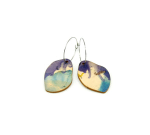 Shop women's wooden earrings named ‘Rock Drop Light’ shaped as a natural rock. Made from sustainable wood with stainless steel hoops. Made in Australia.