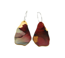 Shop women's wooden earrings named ‘Rock Flame shaped as a natural rock. Made from sustainable wood with stainless steel hoops. Made in Australia.