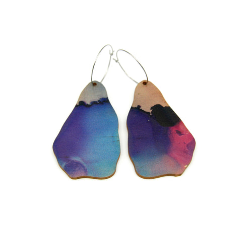 Shop women's wooden earrings named ‘Rock Sea’ shaped as a natural rock. Made from sustainable wood with stainless steel hoops. Made in Australia.
