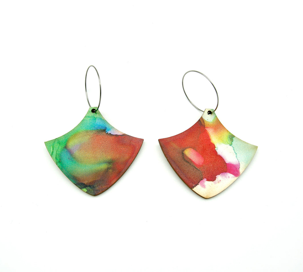 Shop women's wooden earrings named ‘delight shield’ shaped as a natural shield. Made from sustainable wood with stainless steel hoops. Made in Australia.