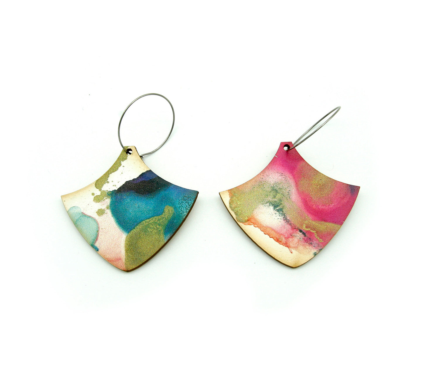 Shop women's wooden earrings named ’Spring Shield’ shaped as a natural shield. Made from sustainable wood with stainless steel hoops. Made in Australia.