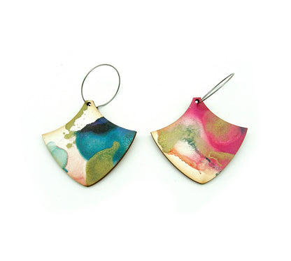 Shop women's wooden earrings named ’Spring Shield’ shaped as a natural shield. Made from sustainable wood with stainless steel hoops. Made in Australia.