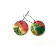 Shop women's wooden earrings named ‘Round 25 Spring’ with a round shape. Made from sustainable wood with stainless steel hoops. Made in Australia.