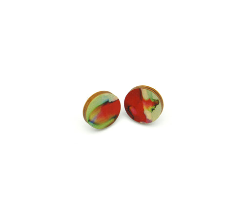 Shop women's wooden earrings named ‘Stud Delight’ with a round shape. Made from sustainable wood with stainless steel backs. Made in Australia.