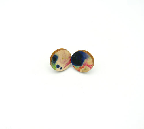 Shop women's wooden earrings named ‘Stud Heights’ with a round shape. Made from sustainable wood with stainless steel backs. Made in Australia.