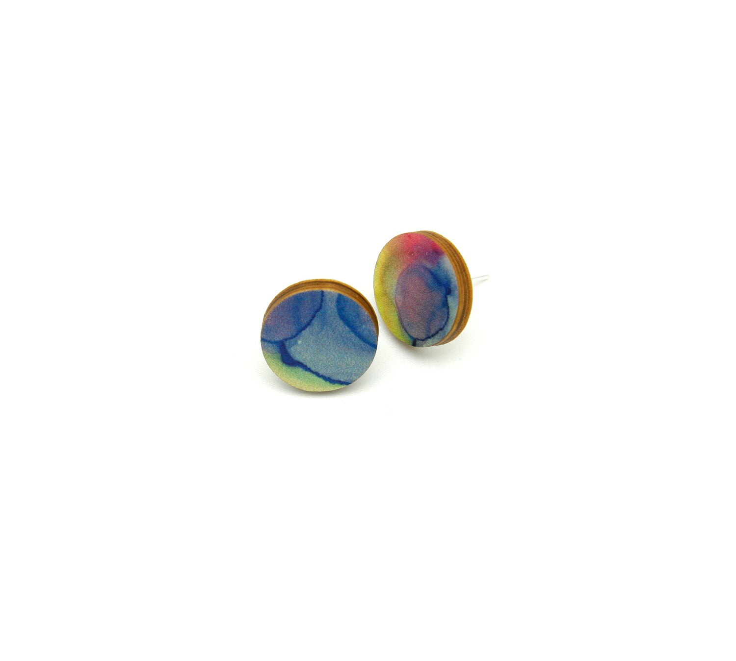 Shop women's wooden earrings named ‘Stud Sky’ with a round shape. Made from sustainable wood with stainless steel backs. Made in Australia.
