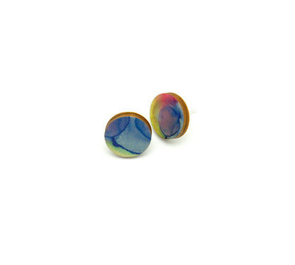 Shop women's wooden earrings named ‘Stud Sky’ with a round shape. Made from sustainable wood with stainless steel backs. Made in Australia.