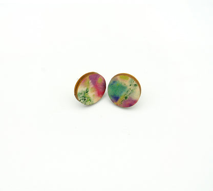 Shop women's wooden earrings named ‘Stud Spring’ with a round shape. Made from sustainable wood with stainless steel backs. Made in Australia.