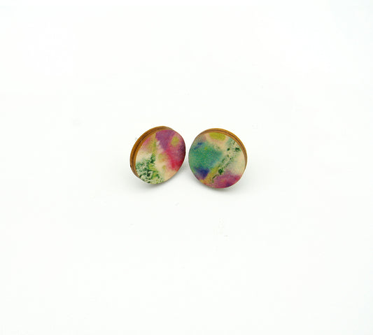 Shop women's wooden earrings named ‘Stud Spring’ with a round shape. Made from sustainable wood with stainless steel backs. Made in Australia.