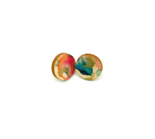 Shop women's wooden earrings named ‘Stud Summer’ with a round shape. Made from sustainable wood with stainless steel backs. Made in Australia.